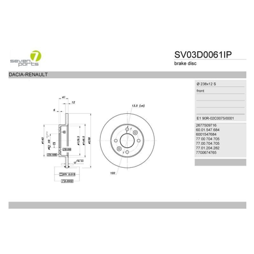 Bremsscheibe 7 Seven Parts SV03D0061IP f&uuml;r Dacia Renault Vorderachse