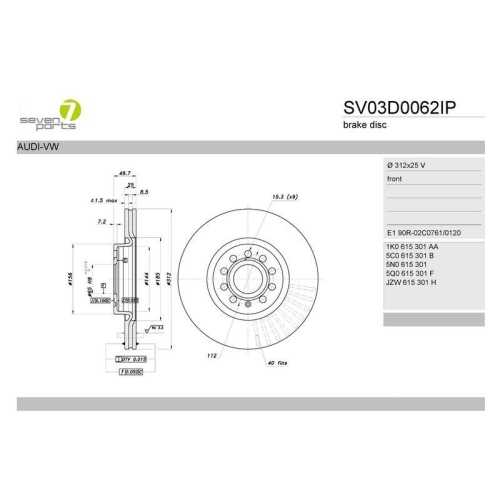 Bremsscheibe 7 Seven Parts SV03D0062IP f&uuml;r Audi Cupra Seat Skoda VW Vorderachse