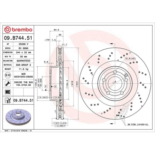 Bremsscheibe Brembo 09.B744.51 Prime Line - Uv Coated f&uuml;r Mercedes Benz
