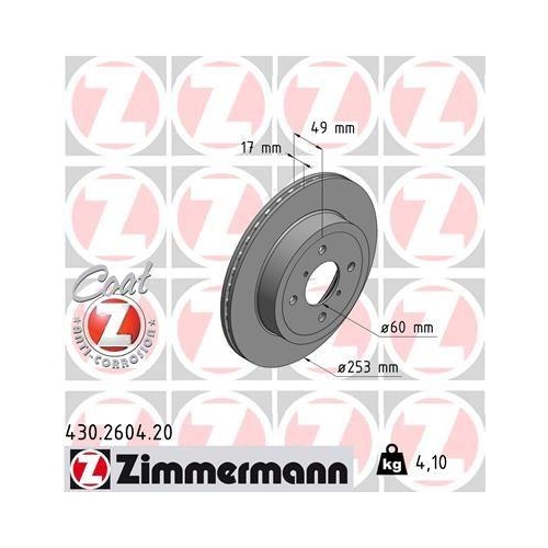 Bremsscheibe Zimmermann 430.2604.20 Coat Z f&uuml;r Opel General Motors Vorderachse