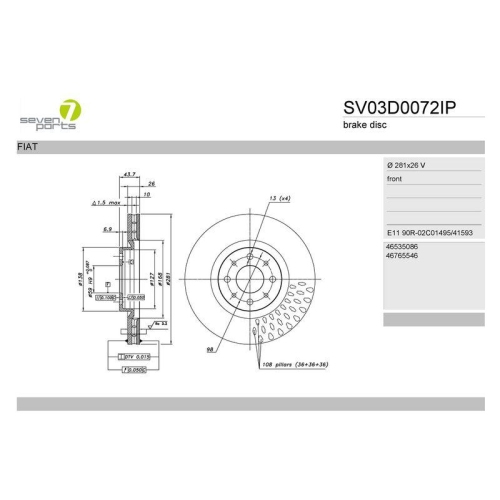 Bremsscheibe 7 Seven Parts SV03D0072IP f&uuml;r Alfa Romeo Chrysler Fiat Lancia
