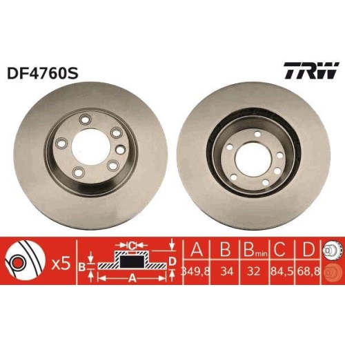 Brake Disc Trw DF4760S Trw Single for Seat VW Audi Porsche Front Axle Right