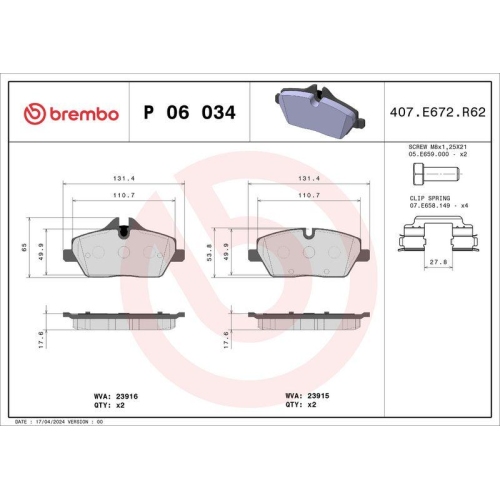Bremsbelagsatz Scheibenbremse Brembo P06034 Prime Line für Bmw Mini Vorderachse