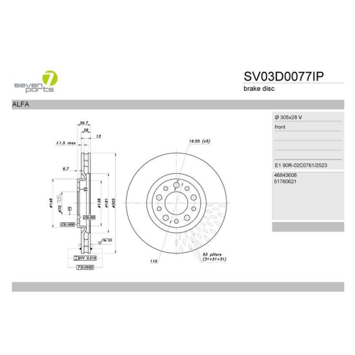 Bremsscheibe 7 Seven Parts SV03D0077IP f&uuml;r Alfa Romeo Vorderachse