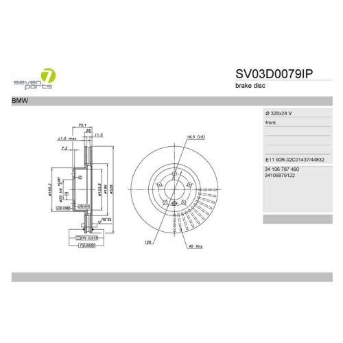 Brake Disc 7 Seven Parts SV03D0079IP for Bmw
