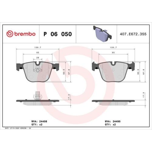 Bremsbelagsatz Scheibenbremse Brembo P06050 Prime Line f&uuml;r Bmw Hinterachse