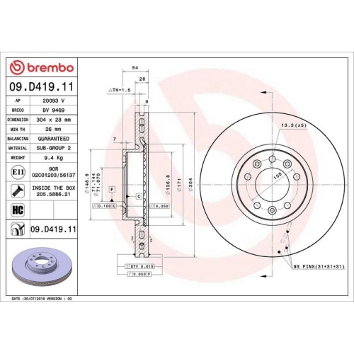 Brake Disc Brembo 09.D419.11 Prime Line - Uv Coated for Citro&euml;n Opel Peugeot