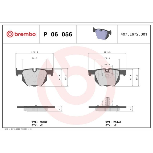 Bremsbelagsatz Scheibenbremse Brembo P06056 Prime Line f&uuml;r Bmw Hinterachse