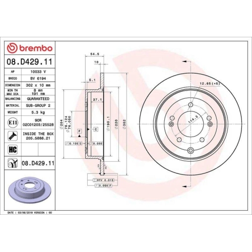 Bremsscheibe Brembo 08.D429.11 Prime Line - Uv Coated f&uuml;r Hyundai Kia Kia (dyk)