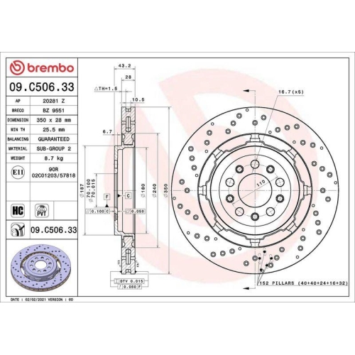 Bremsscheibe Brembo 09.C506.33 Prime Line - Dual Cast f&uuml;r Alfa Romeo Hinterachse