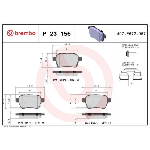 Bremsbelagsatz Scheibenbremse Brembo P23156 Prime Line f&uuml;r Fiat Hinterachse