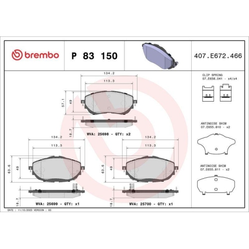 Bremsbelagsatz Scheibenbremse Brembo P83150 Prime Line f&uuml;r Toyota Vorderachse