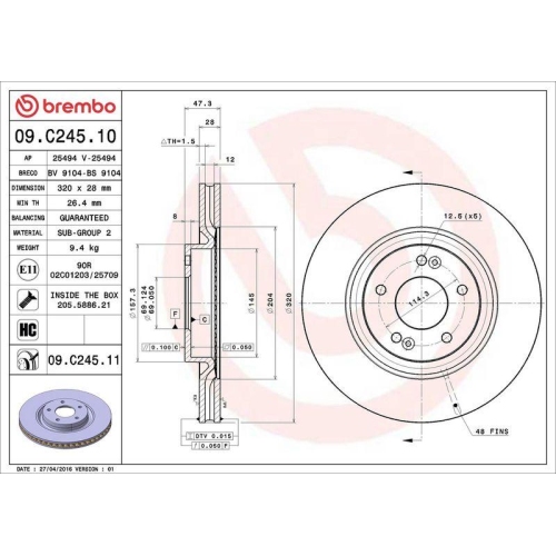 Bremsscheibe Brembo 09.C245.11 Prime Line - Uv Coated f&uuml;r Hyundai Kia Kia (dyk)