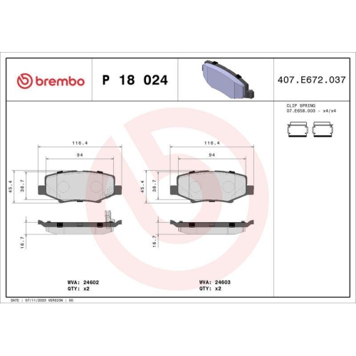 Bremsbelagsatz Scheibenbremse Brembo P18024 Prime Line f&uuml;r Chrysler Dodge Tata