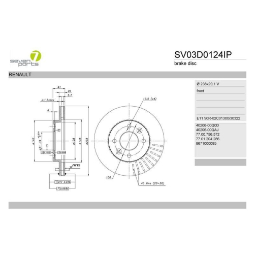 Bremsscheibe 7 Seven Parts SV03D0124IP f&uuml;r Nissan Renault Vorderachse
