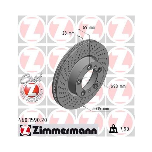 Bremsscheibe Zimmermann 460.1590.20 Coat Z f&uuml;r Porsche Vorderachse Rechts