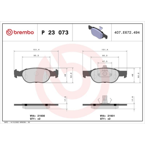 Bremsbelagsatz Scheibenbremse Brembo P23073 Prime Line f&uuml;r Alfa Romeo Fiat