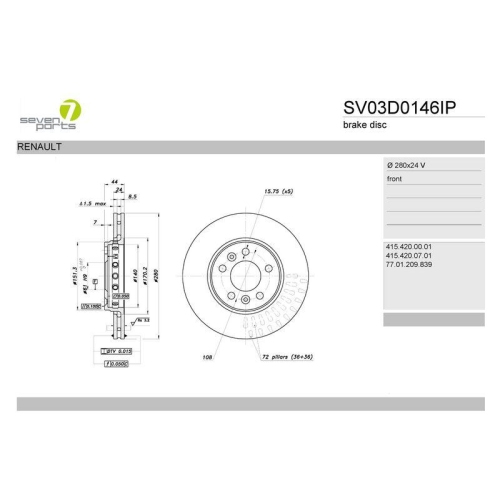 Bremsscheibe 7 Seven Parts SV03D0146IP f&uuml;r Mercedes Benz Renault Mercedes Benz