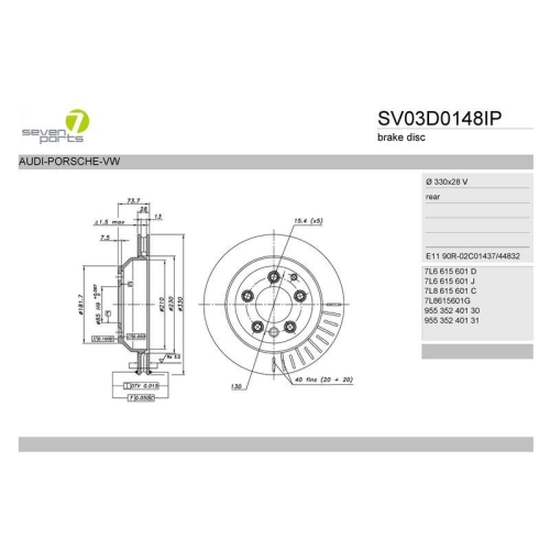 Bremsscheibe 7 Seven Parts SV03D0148IP f&uuml;r Audi Porsche VW Hinterachse