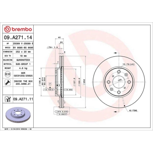 Bremsscheibe Brembo 09.A271.11 Prime Line - Uv Coated f&uuml;r Opel Suzuki Vauxhall