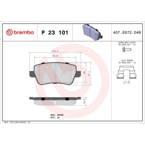 Bremsbelagsatz Scheibenbremse Brembo P23101 Prime Line f&uuml;r Fiat Hinterachse