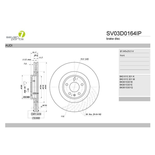 Bremsscheibe 7 Seven Parts SV03D0164IP f&uuml;r Audi Vorderachse
