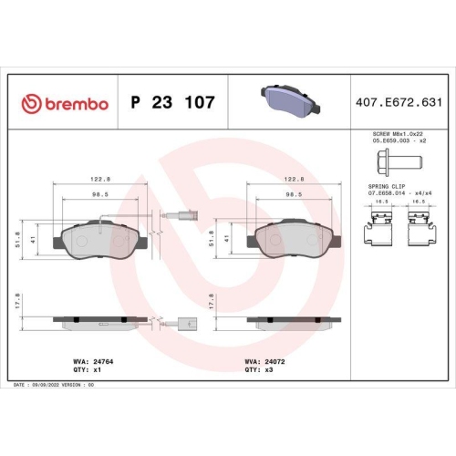 Bremsbelagsatz Scheibenbremse Brembo P23107 Prime Line f&uuml;r Fiat Ford Vorderachse