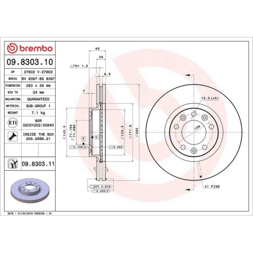 Bremsscheibe Brembo 09.8303.11 Prime Line - Uv Coated f&uuml;r Citro&euml;n Opel Peugeot