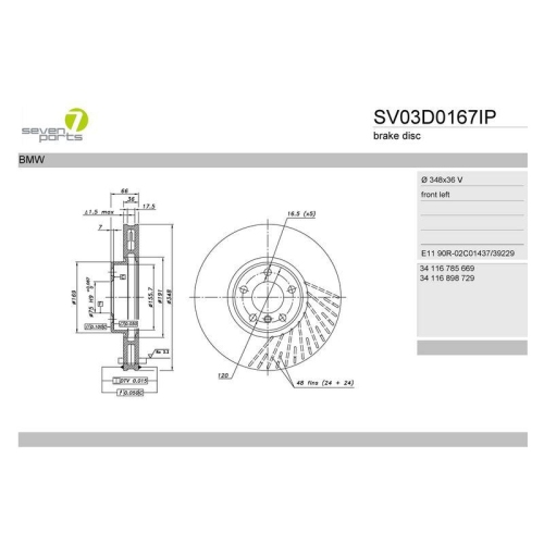 Bremsscheibe 7 Seven Parts SV03D0167IP f&uuml;r Bmw Vorderachse Links