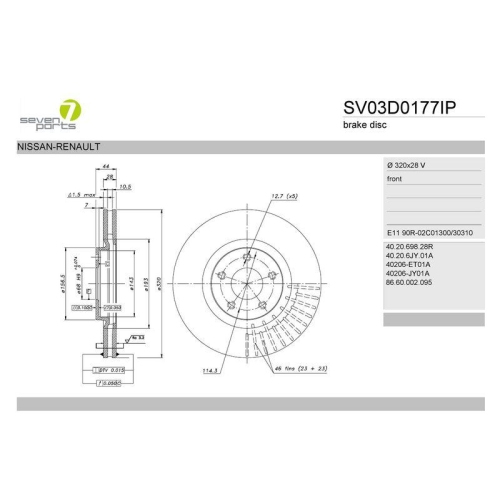Bremsscheibe 7 Seven Parts SV03D0177IP f&uuml;r Nissan Renault Vorderachse