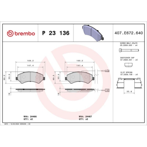 Bremsbelagsatz Scheibenbremse Brembo P23136 Prime Line f&uuml;r Citro&euml;n Fiat Peugeot