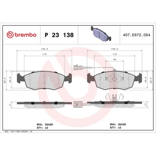 Bremsbelagsatz Scheibenbremse Brembo P23138 Prime Line für Fiat Vorderachse