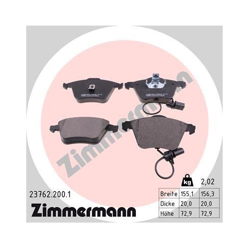 Brake Pad Set Disc Brake Zimmermann 23762.200.1 for Vag Front Axle
