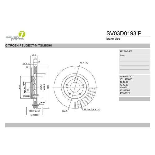 Bremsscheibe 7 Seven Parts SV03D0193IP f&uuml;r Citro&euml;n Mitsubishi Peugeot