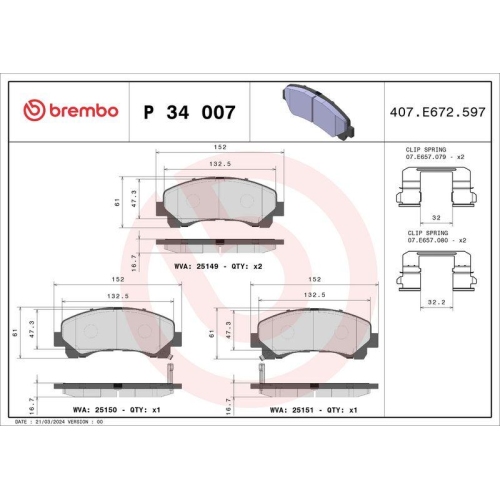 Bremsbelagsatz Scheibenbremse Brembo P34007 Prime Line f&uuml;r Isuzu Chevrolet Maxus