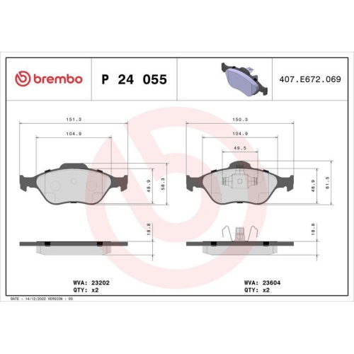 Bremsbelagsatz Scheibenbremse Brembo P24055 Prime Line f&uuml;r Ford Mazda