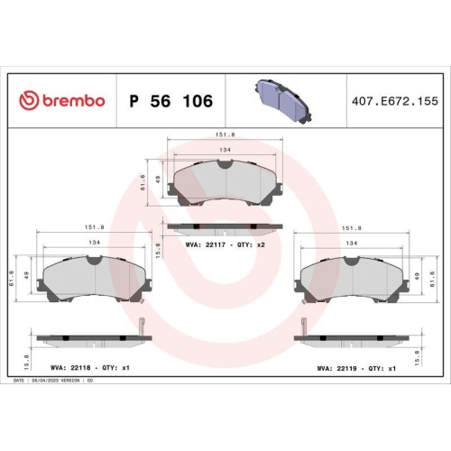 Bremsbelagsatz Scheibenbremse Brembo P56106 Prime Line f&uuml;r Nissan Renault