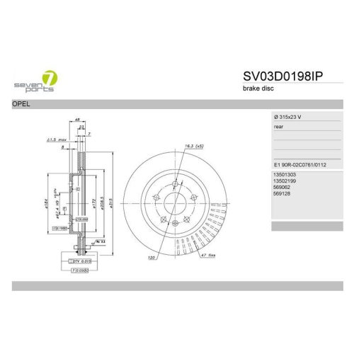 Bremsscheibe 7 Seven Parts SV03D0198IP f&uuml;r Opel Saab Vauxhall Hinterachse