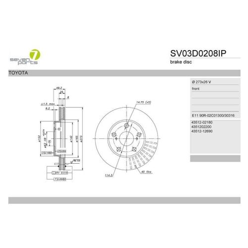 Bremsscheibe 7 Seven Parts SV03D0208IP f&uuml;r Toyota Vorderachse