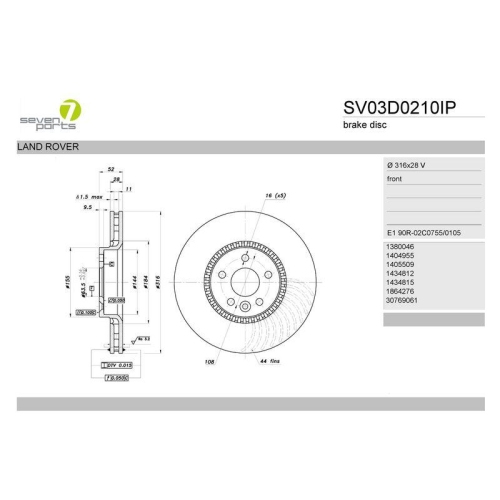Bremsscheibe 7 Seven Parts SV03D0210IP f&uuml;r Ford Land Rover Volvo Vorderachse