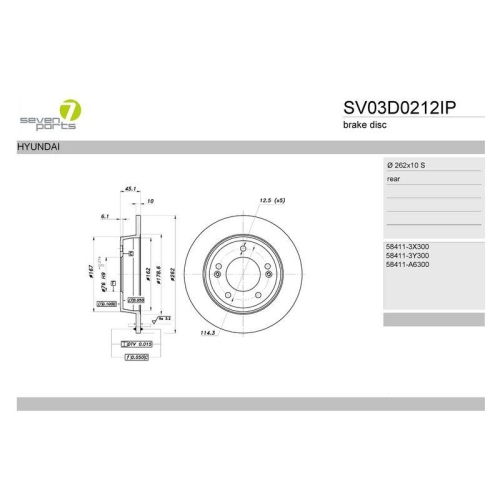 Bremsscheibe 7 Seven Parts SV03D0212IP f&uuml;r Hyundai Kia Hinterachse