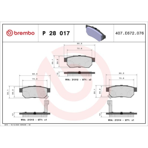 Brake Pad Set Disc Brake Brembo P28017 Prime Line for Honda Isuzu Mazda MG Opel