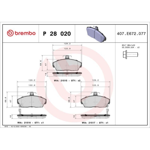 Bremsbelagsatz Scheibenbremse Brembo P28020 Prime Line f&uuml;r Honda MG Rover