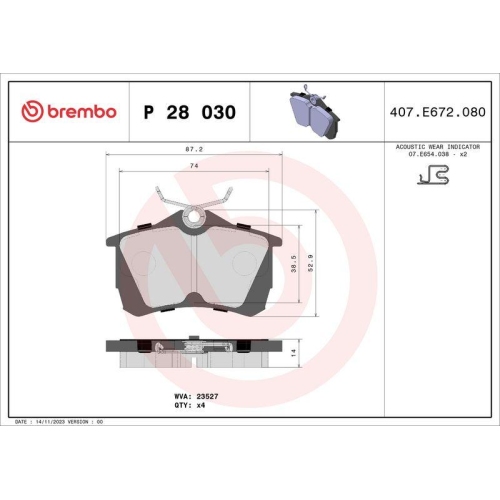 Bremsbelagsatz Scheibenbremse Brembo P28030 Prime Line f&uuml;r Honda Hinterachse