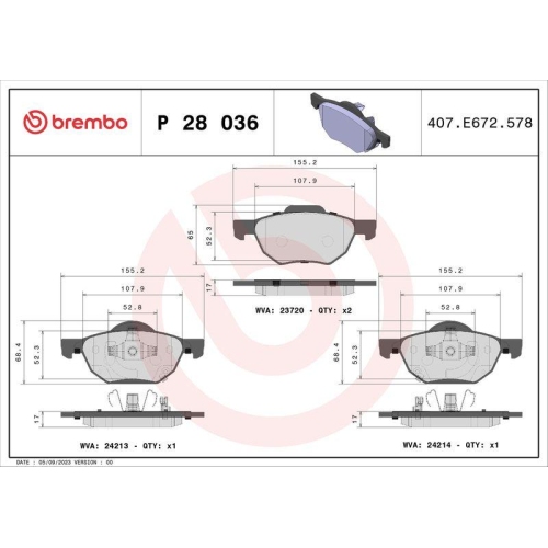 Bremsbelagsatz Scheibenbremse Brembo P28036 Prime Line f&uuml;r Honda Vorderachse