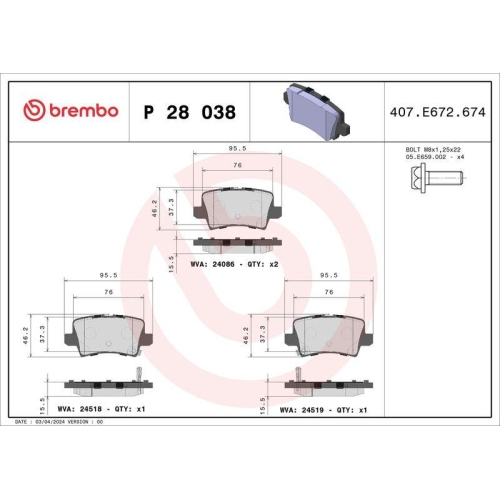 Bremsbelagsatz Scheibenbremse Brembo P28038 Prime Line f&uuml;r Honda Hinterachse