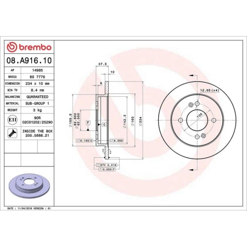 Bremsscheibe Brembo 08.A916.10 Prime Line f&uuml;r Hyundai Kia Naza Hinterachse