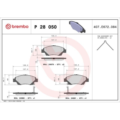 Bremsbelagsatz Scheibenbremse Brembo P28050 Prime Line f&uuml;r Honda Honda (gac)