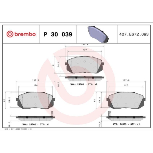 Bremsbelagsatz Scheibenbremse Brembo P30039 Prime Line f&uuml;r Hyundai Kia Jac