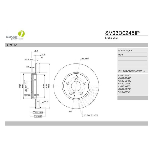 Bremsscheibe 7 Seven Parts SV03D0245IP f&uuml;r Toyota Vorderachse